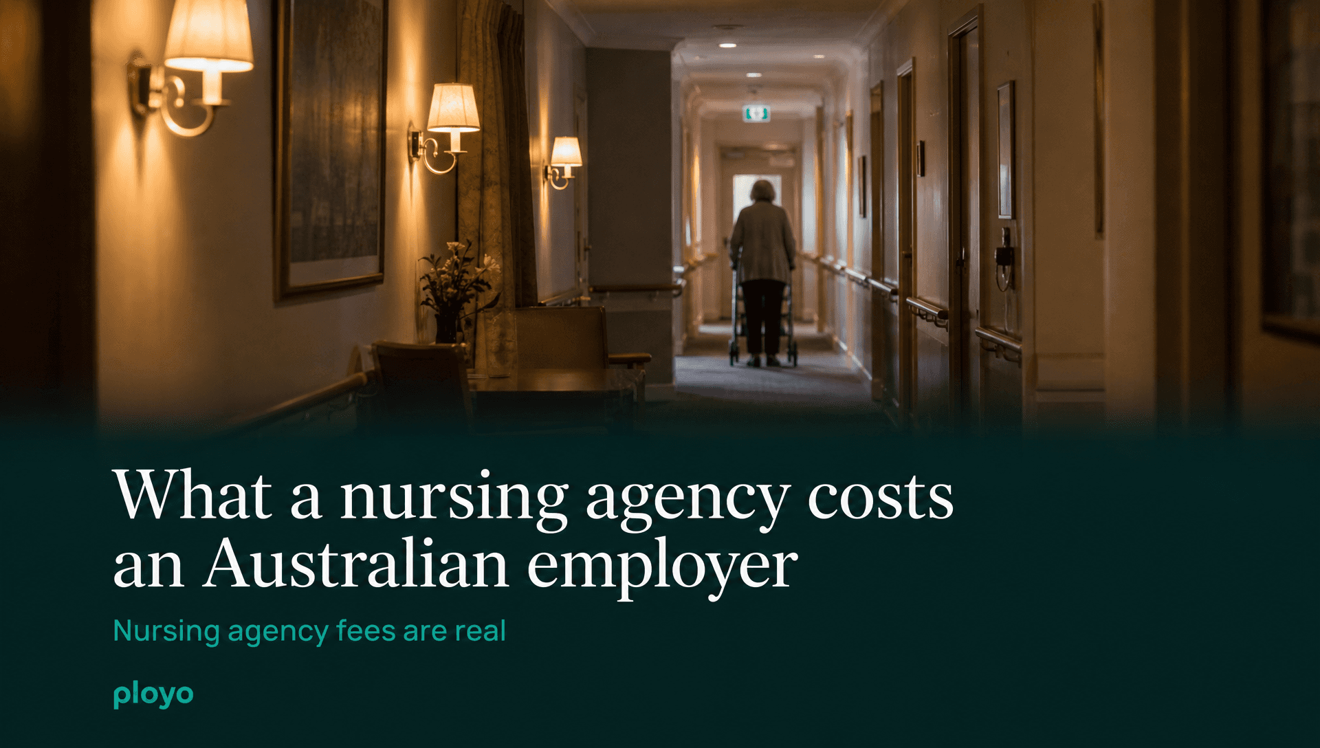 A quiet care-home corridor at night lit by warm wall lamps, a single figure far down the hall