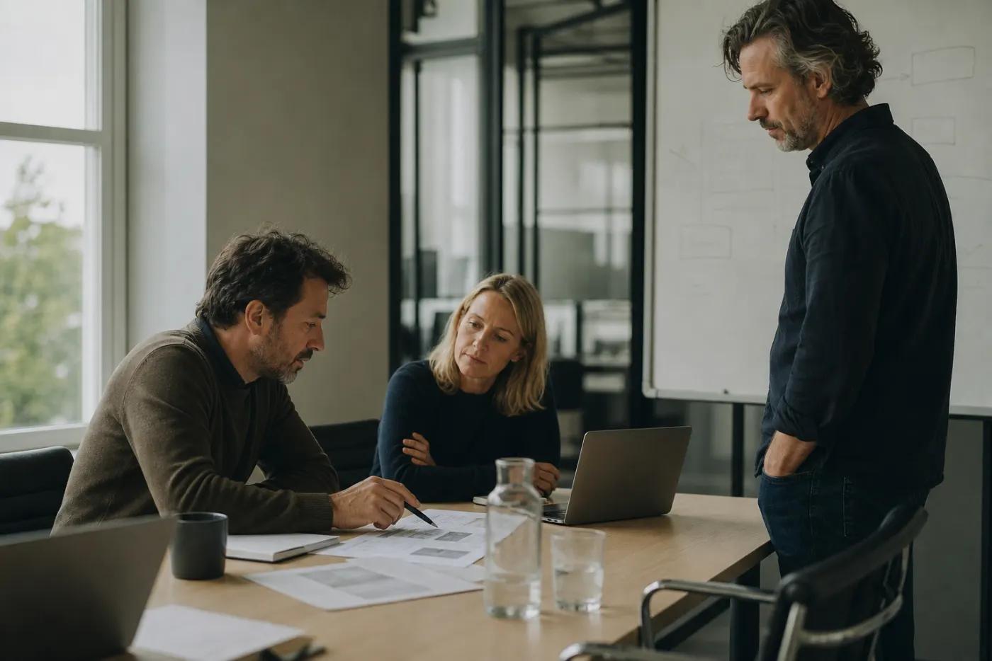 Three colleagues around a meeting table working through printed pages, one standing at a whiteboard