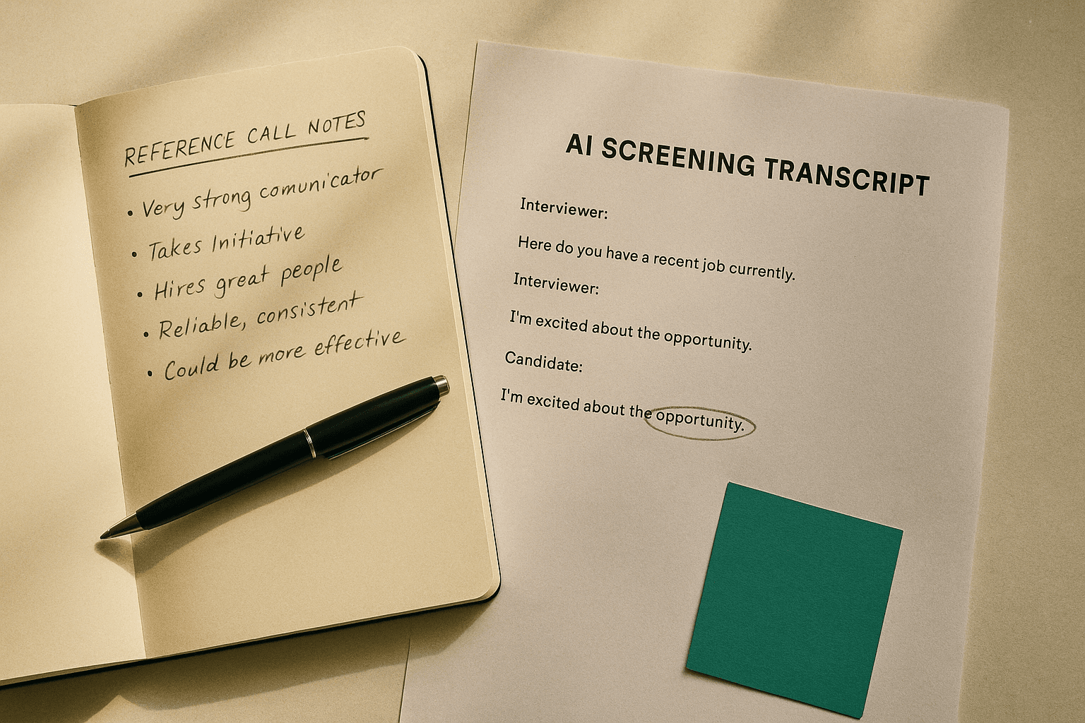 Open notebook with handwritten reference notes beside a printed AI screening transcript, one phrase circled in pencil, warm morning light on cream paper