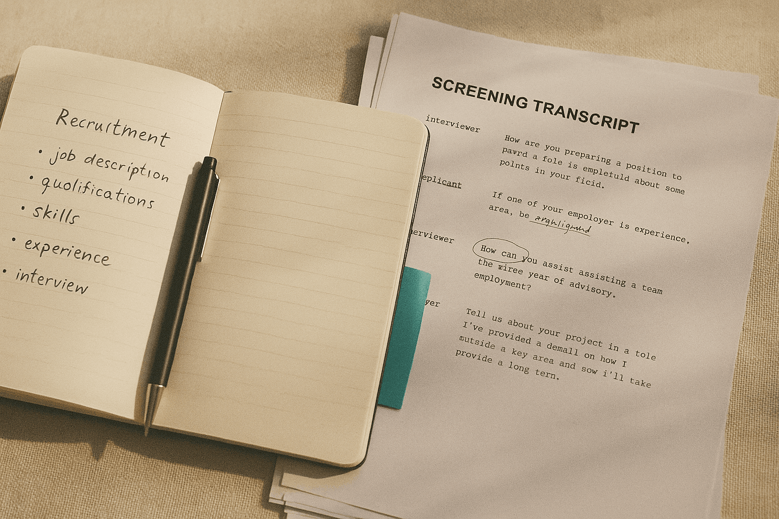 Open notebook with handwritten candidate notes beside a printed screening transcript, the top sheet half-annotated in pencil, warm morning light on cream paper