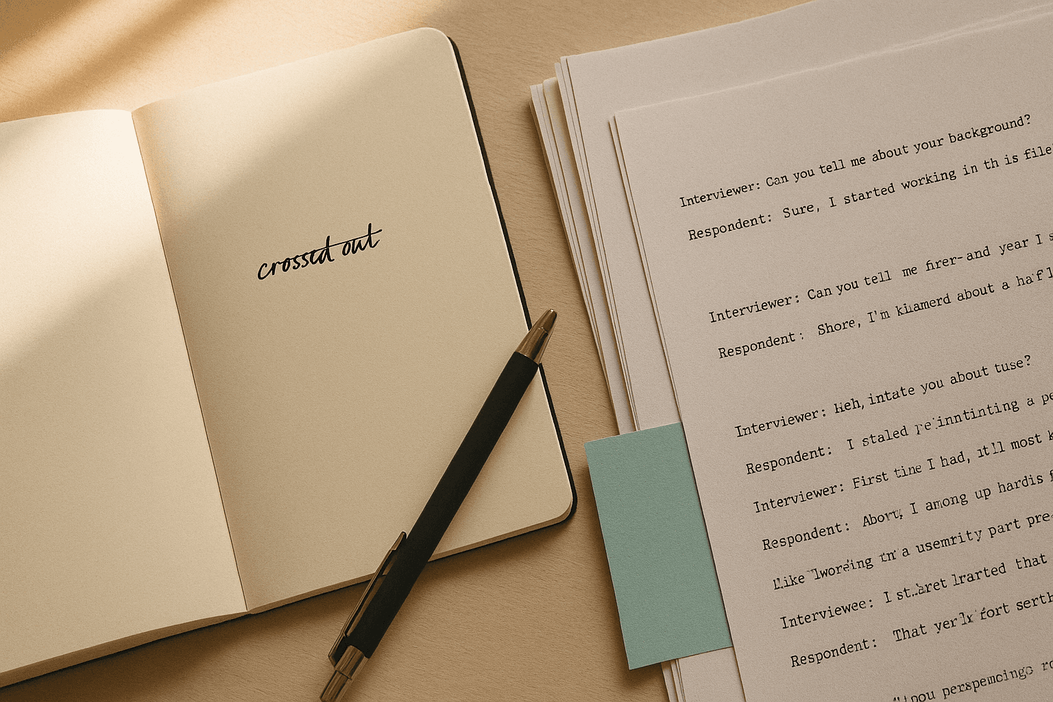 Open notebook with a single line crossed out in ink beside stacked printed transcript pages and a teal sticky note, warm morning light on cream paper