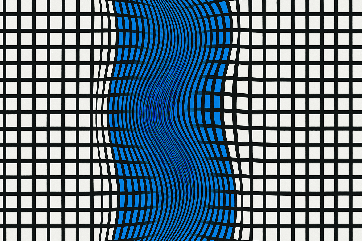 Two overlapping high-contrast grid patterns forming a moire interference band, black and white with one electric blue accent.