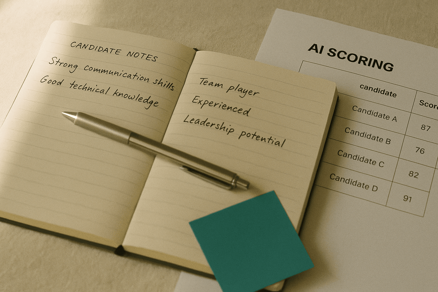 Open notebook with pages of handwritten candidate notes lying beside a partly visible printed AI scoring sheet, warm morning light on cream paper