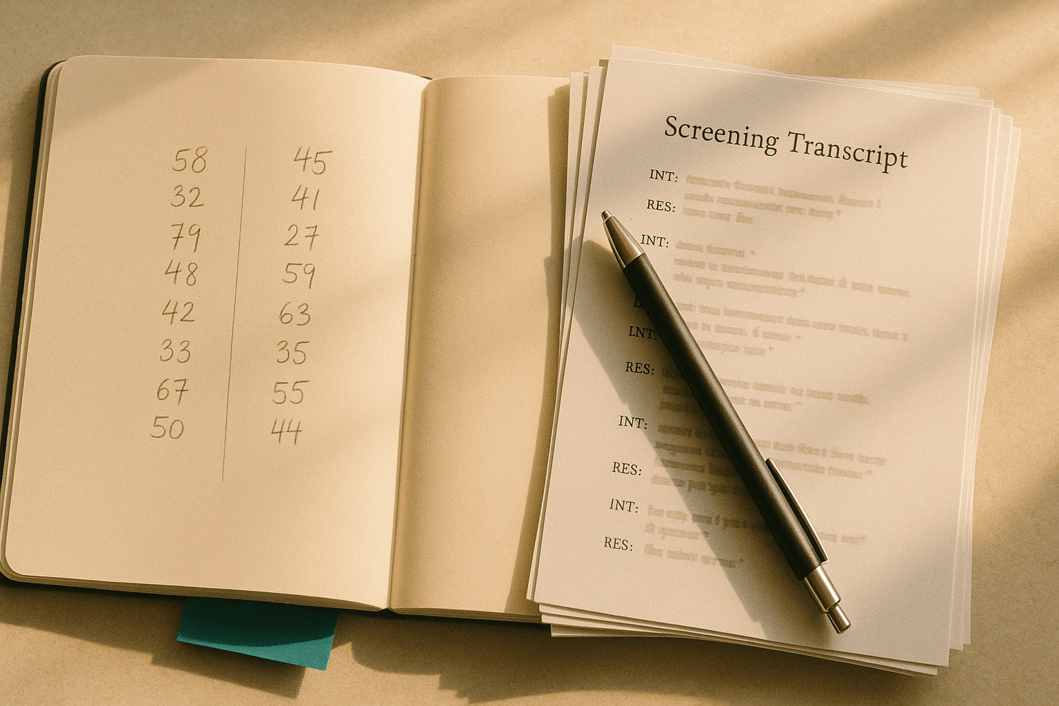 Open notebook showing two pencil-written columns of numbers beside a stack of printed screening transcripts, warm afternoon light on cream paper