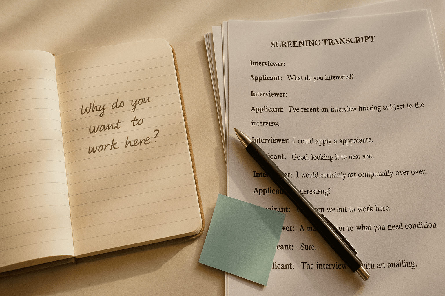 Open notebook showing a handwritten rubric question with a question mark circled in pencil, beside stacked printed screening transcript pages, warm morning light on cream paper