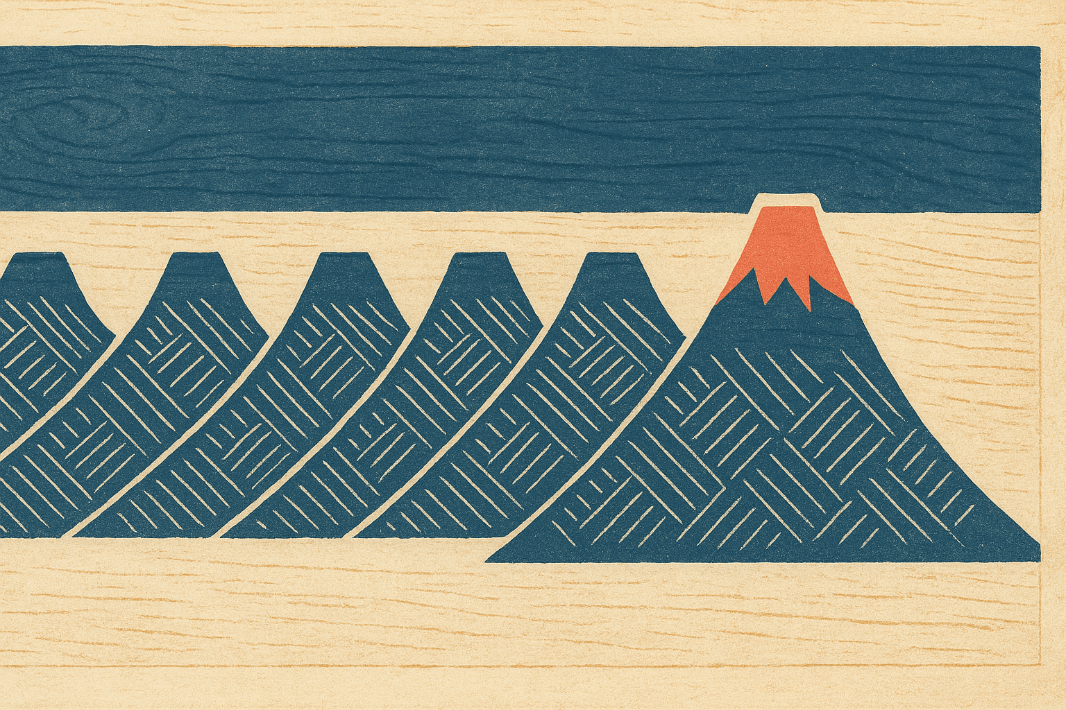 Japanese woodblock composition in indigo and sand: a single distinct carved form standing slightly apart from a tight row of near-identical forms, the lone element catching a coral accent where it separates from the line