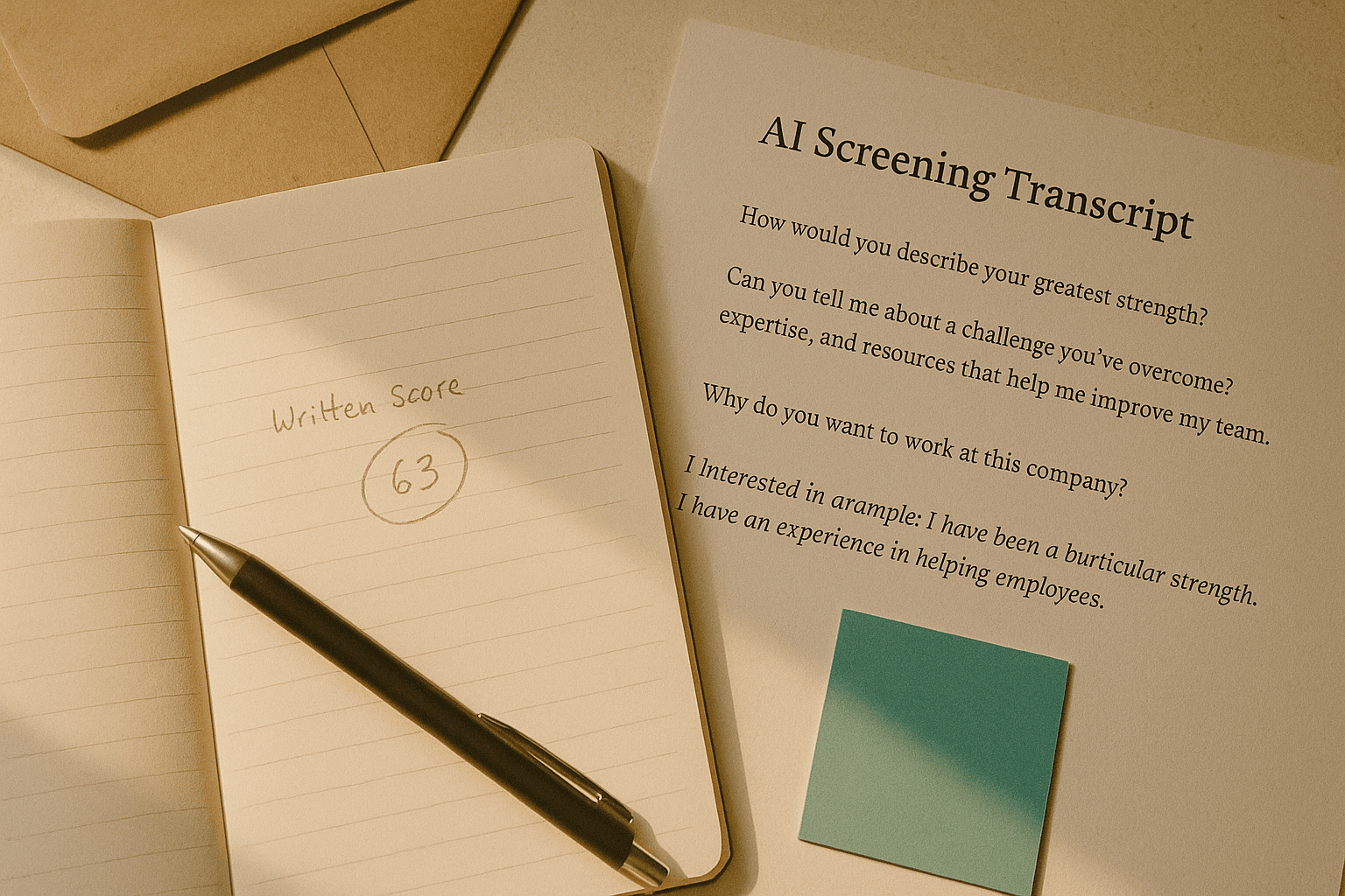 Open notebook with a score circled in pencil beside a printed AI screening transcript, a sealed envelope at the edge of the frame, warm morning light on cream paper