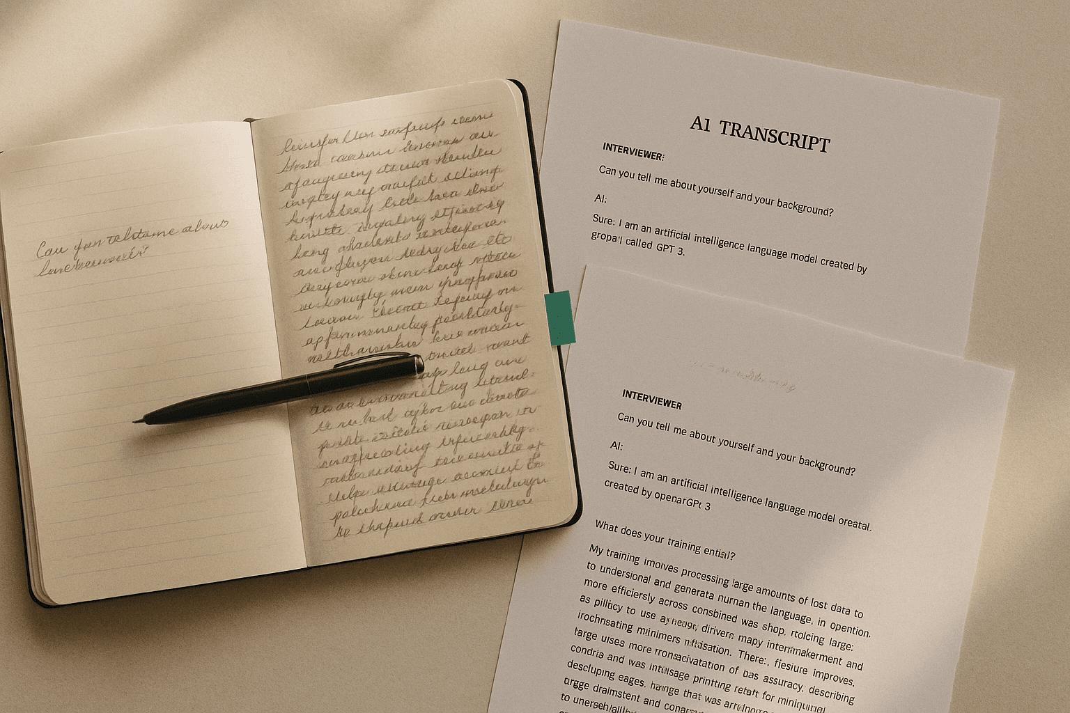 Open notebook with brief notes on the left page and a longer denser paragraph on the right, beside printed AI screening transcript pages, warm morning light on cream paper