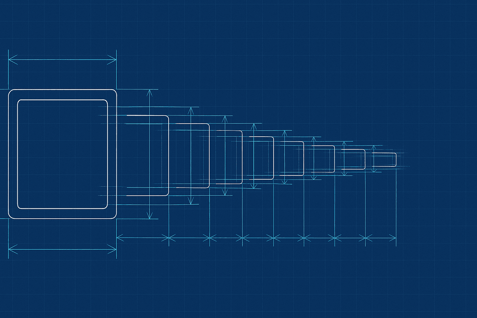 Blueprint schematic in deep blue and cyan: a horizontal row of nine rectangular nodes connected by fine dimension lines, the leftmost node drawn with heavier linework and larger outer dimensions than the eight that follow it