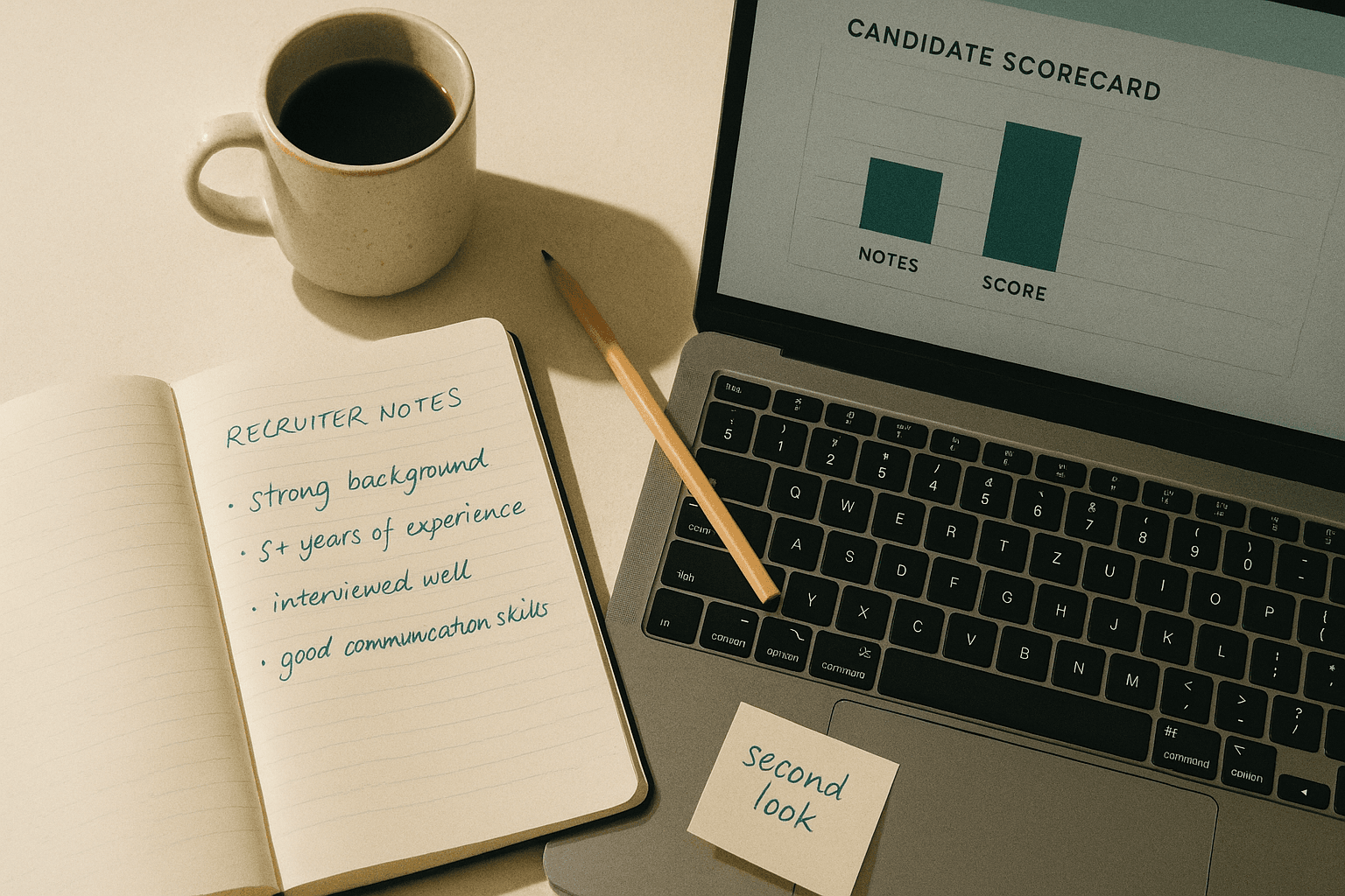Open notebook beside a laptop showing a candidate scorecard, illustrating a diary entry from an AI recruiter