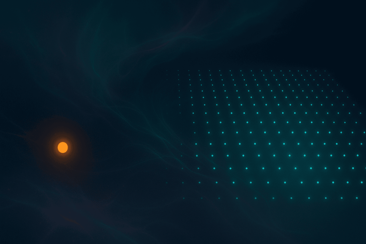Abstract data-art on deep navy: a vast grid of small evenly spaced cool-toned glowing nodes with one larger warm amber node sitting off the grid, uncategorised