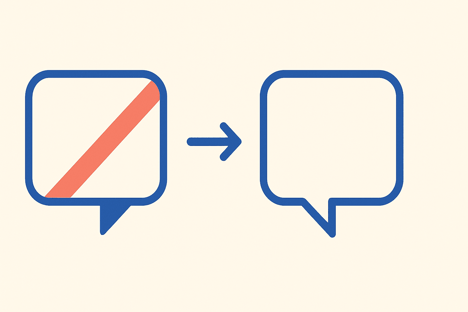 Bold flat vector illustration: two speech bubbles centered on a cream background, the left one crossed out with a bold coral diagonal line, a cobalt blue arrow pointing right between them, the right bubble clean and empty with a yellow accent at its tail