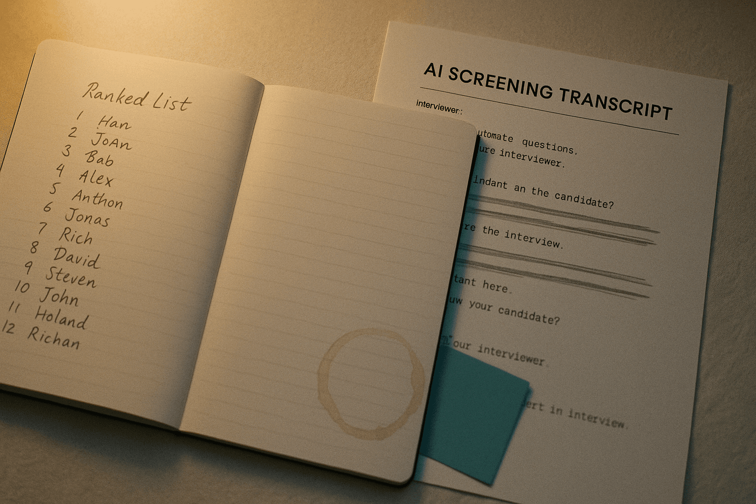 Open notebook with a ranked candidate list, a single name circled near the bottom in pencil, beside a printed AI screening transcript, warm evening light on cream paper
