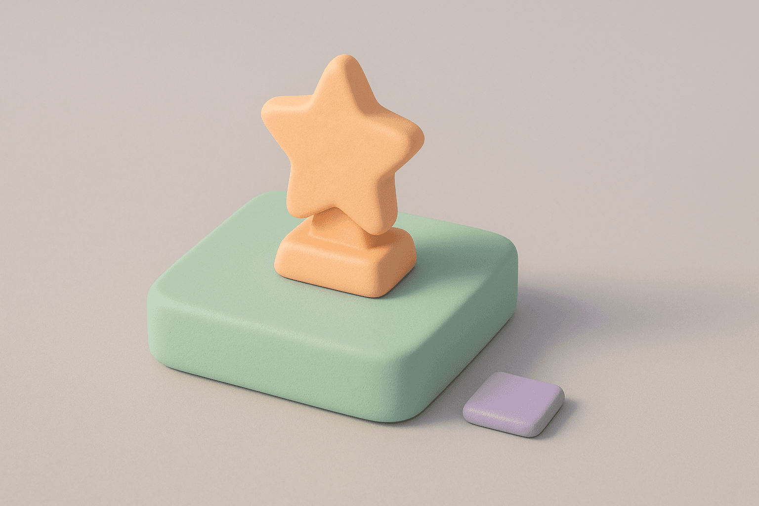 Isometric clay diorama of a mint-green platform topped with a small peach star-shaped award plaque, a single lavender clay tile lying detached and flat on the pale grey floor beside it