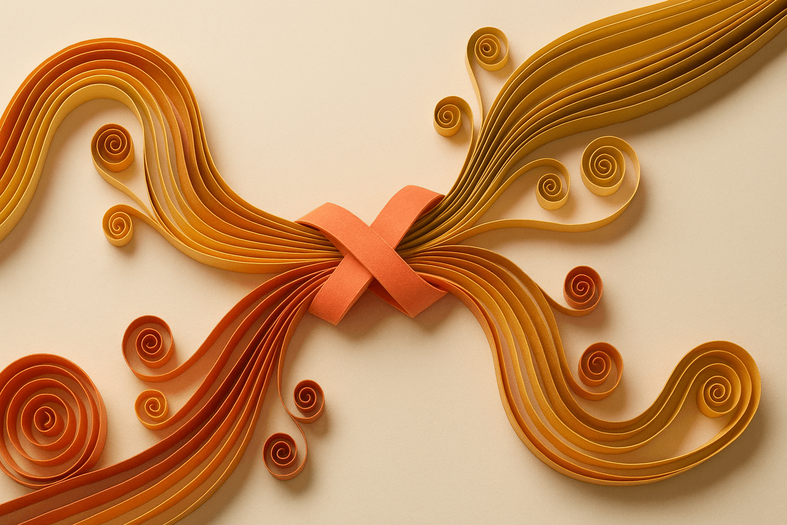 Two warm-toned rolled-paper paths curving from opposite corners of the composition to meet at a central folded paper knot in a bright coral accent colour, layered paper-craft on a clean background with soft cast shadows