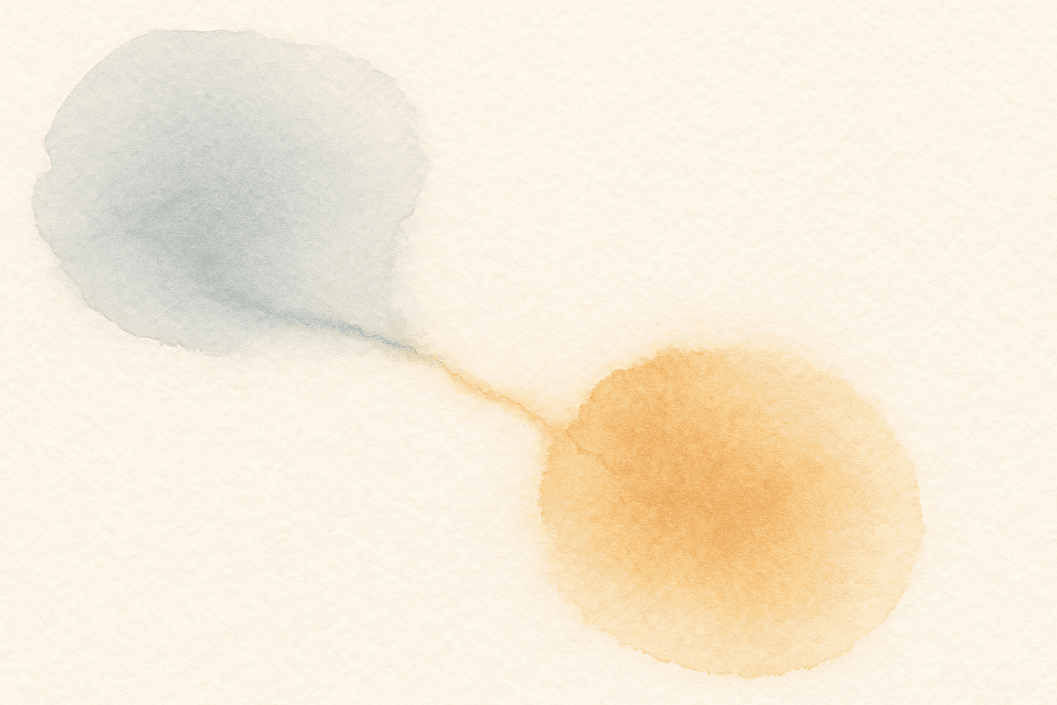 Two soft watercolor washes on cream paper, a cool grey-blue pool in the upper left and a warm amber pool in the lower right, joined by a thin ribbon of pigment that bled slowly between them
