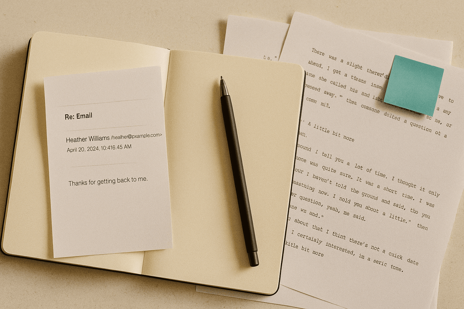 Open notebook with a printed email reply beside folded AI screening transcript pages, one phrase circled in pencil, warm morning light on cream paper
