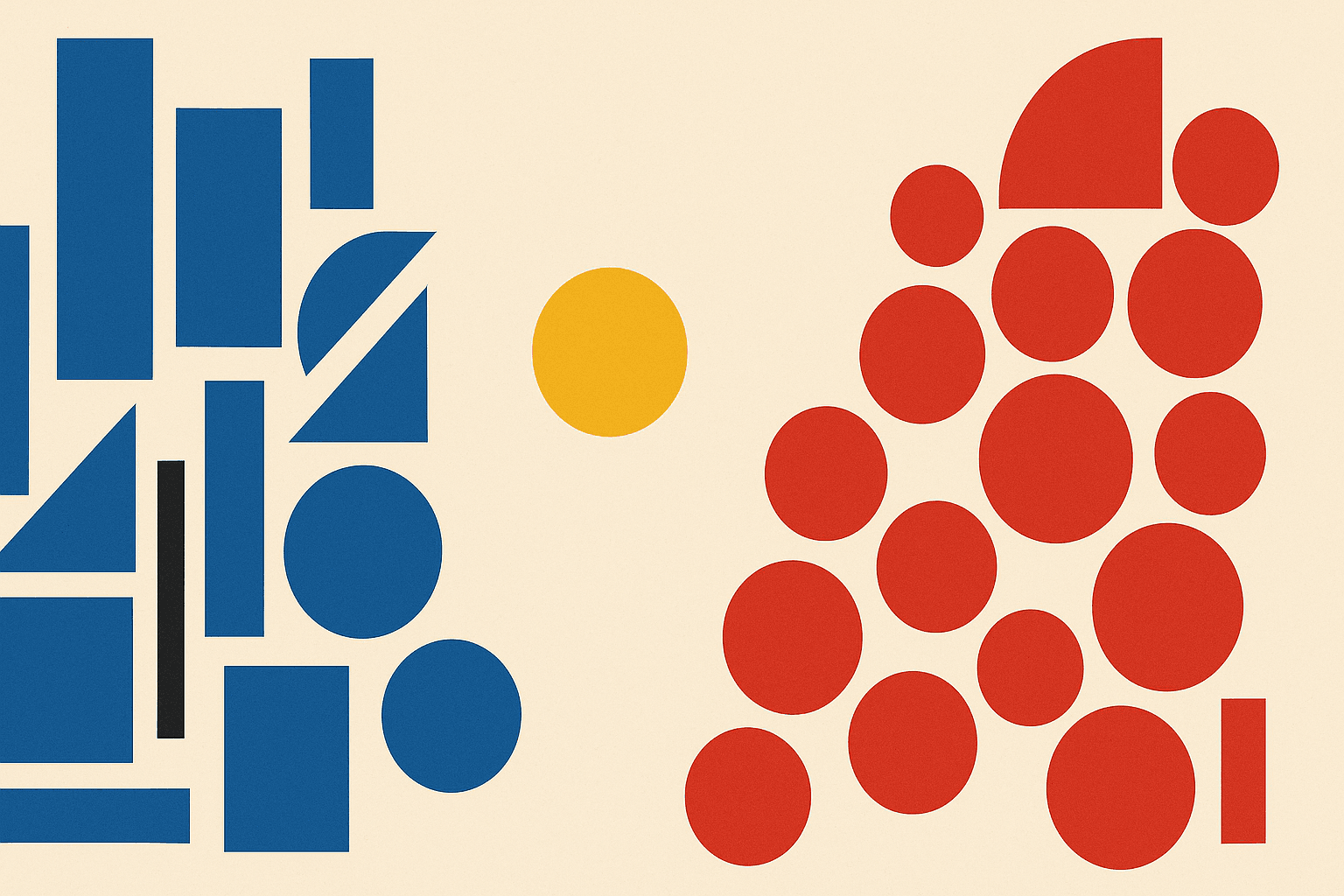 Bauhaus poster composition of cobalt blue rectangles massed on the left, red circles massed on the right, and a single yellow circle floating off-center between the two groups on a cream background