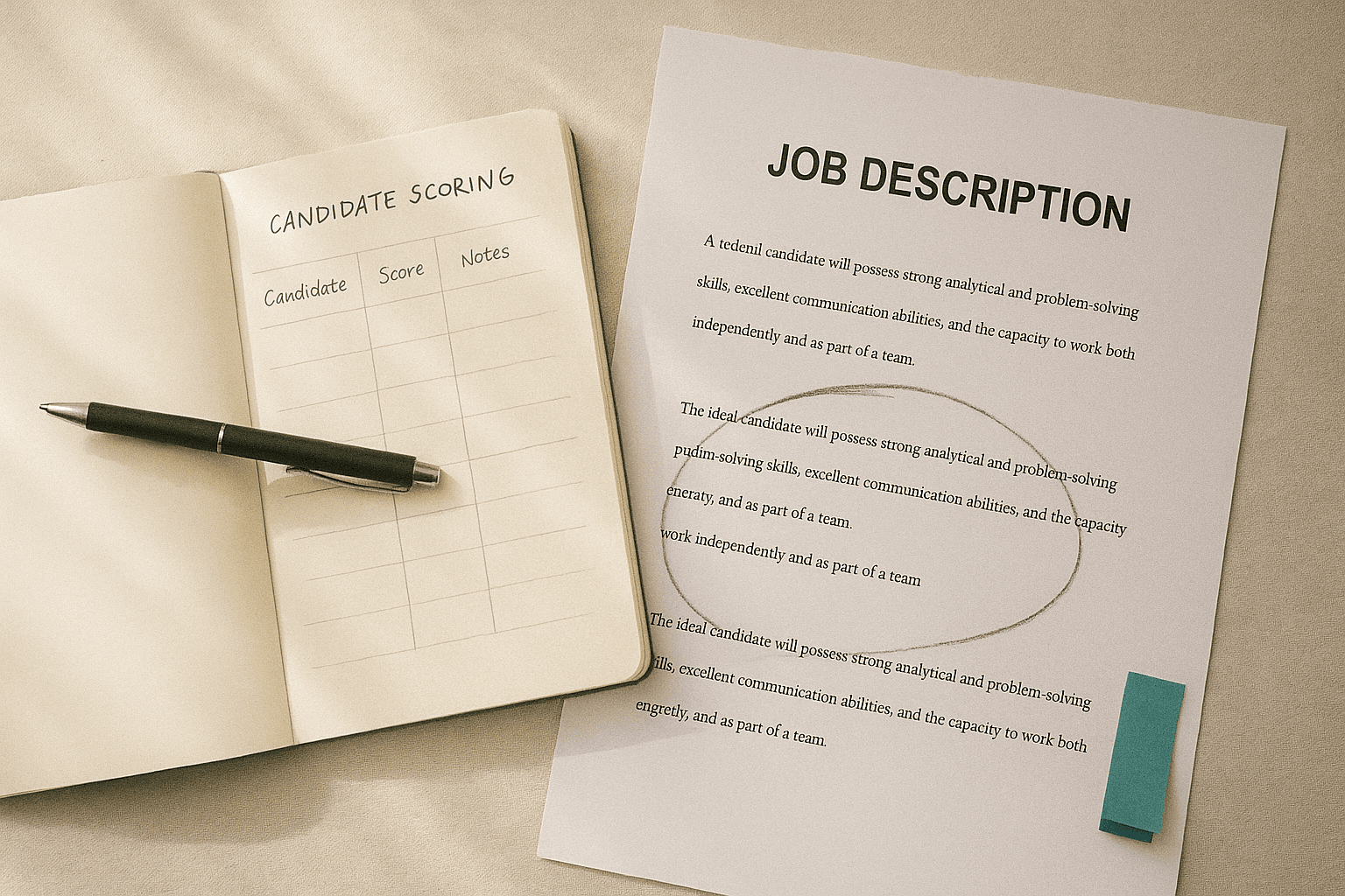 Open notebook with handwritten candidate scoring columns lying beside a printed job description, one paragraph circled in pencil, warm morning light on cream paper