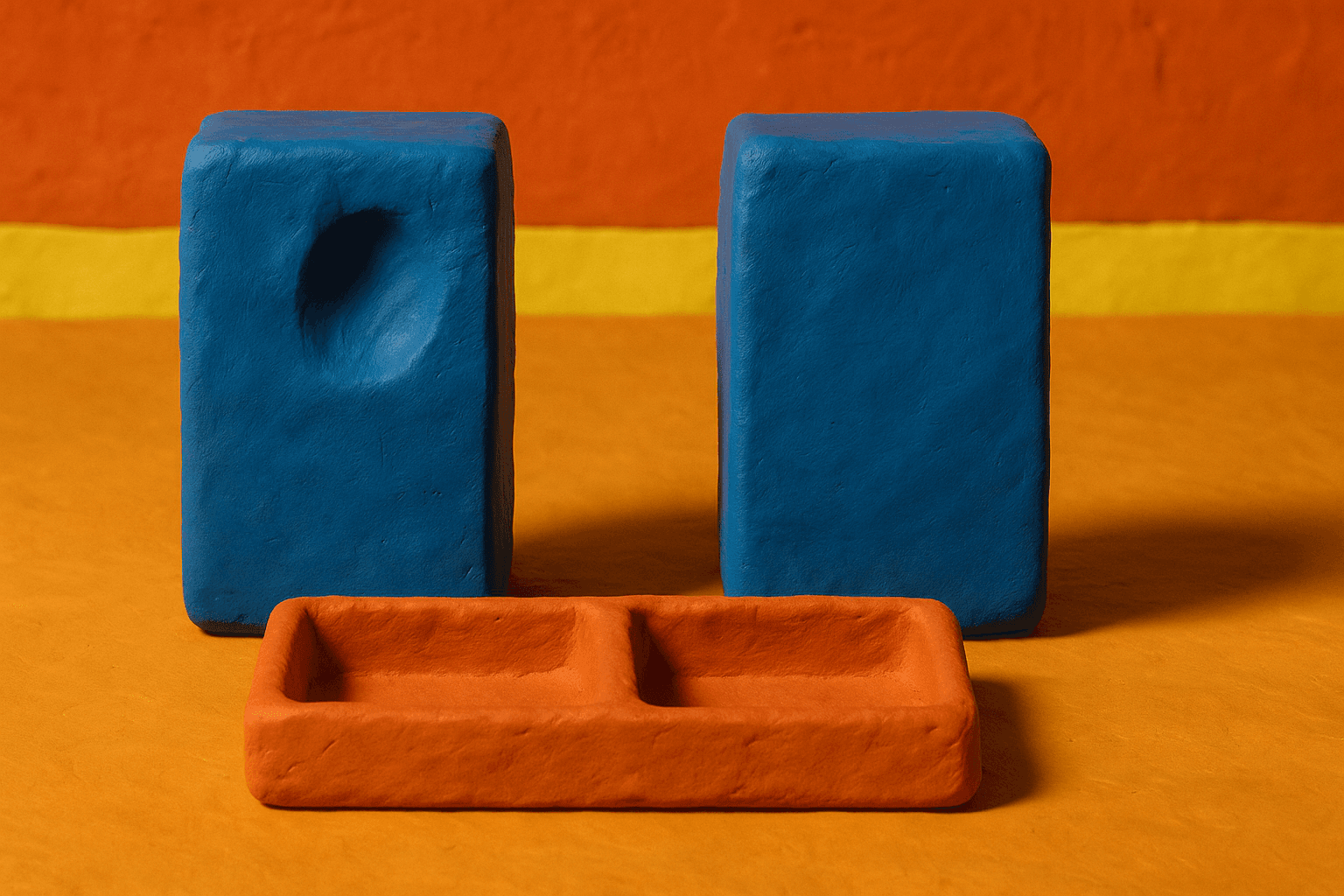 Two identical cobalt blue clay blocks side by side on a clay tabletop, one with a small thumbprint pressed near its top face and the other smooth, a low clay divider sitting between them with two shallow empty compartments