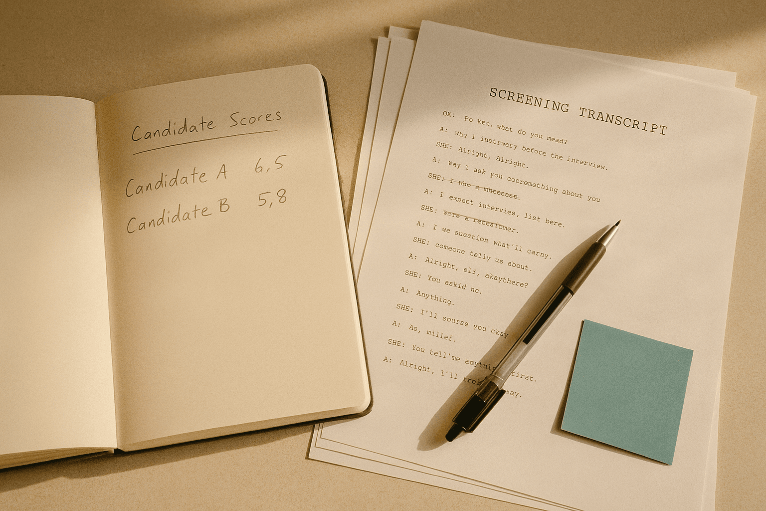 Open notebook beside stacked screening transcript pages, two candidate scores written in pencil, warm morning light on cream paper