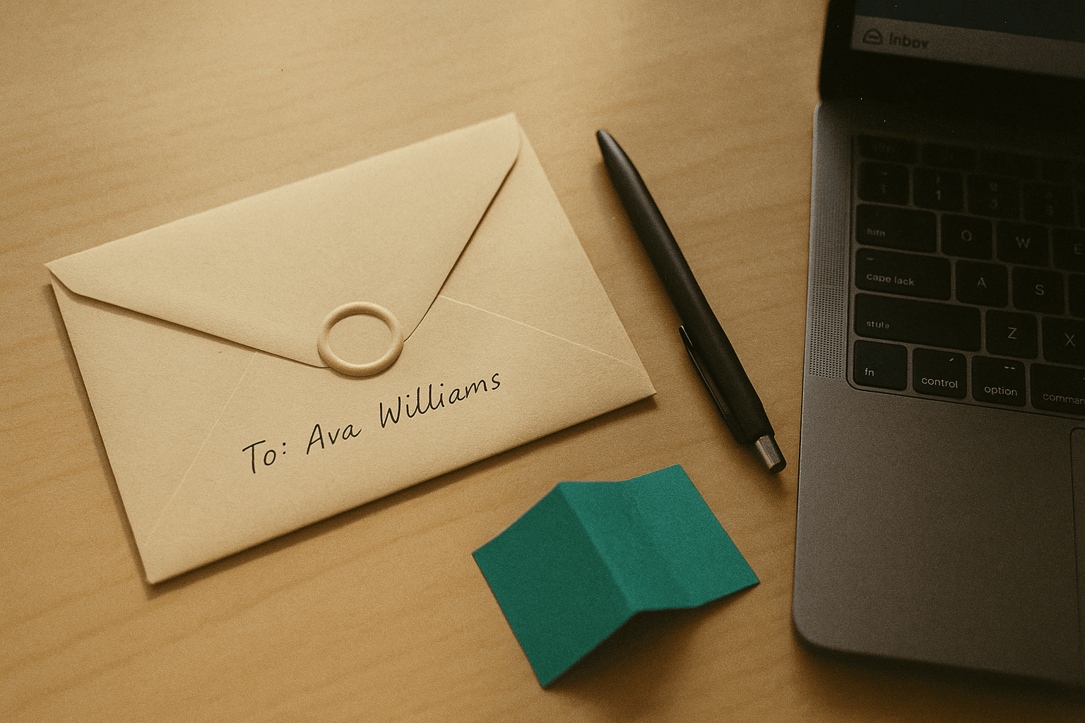 An unsent letter in a cream envelope on a wooden desk with a pen beside it and soft teal accents, morning light.