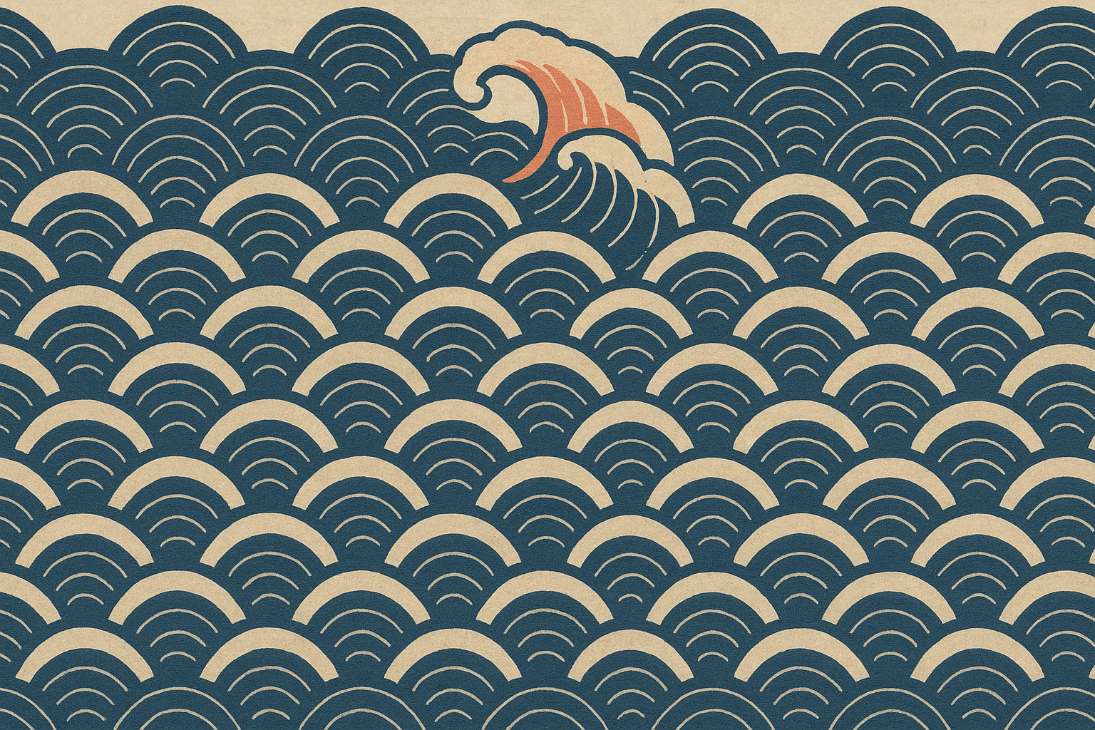 Japanese woodblock print of tight repeating rows of stylised wave crests in indigo linework on off-white, one wave near the upper centre cresting at a slightly different angle with a coral curl where all others are sand