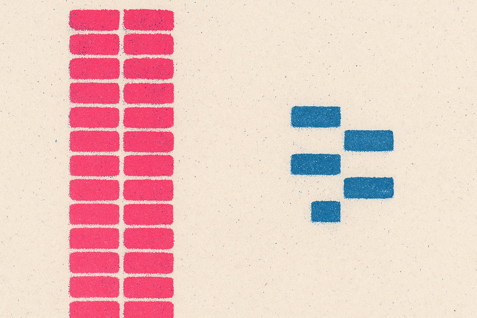 Risograph two-column print: a tall column of thirty-four compact pink stamp marks stacked on the left, a shorter scattered cluster of seven blue marks on the right, the two groups separated by a strip of bare off-white stock, halftone grain and slight misregistration visible throughout