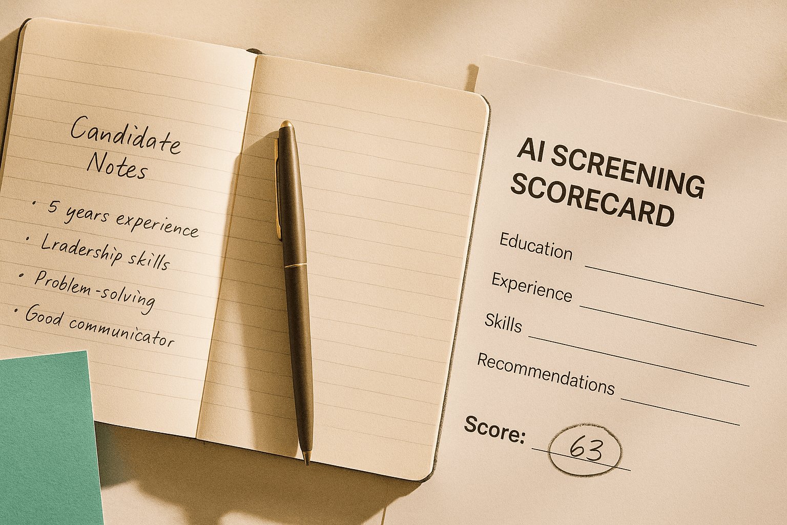 Open notebook with handwritten candidate notes lying beside a printed screening scorecard with a number circled in pencil, warm morning light on cream paper