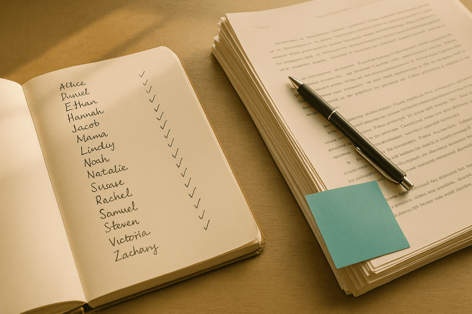 Open notebook with a long handwritten list of candidate names and a tall stack of printed transcript pages beside it, warm morning light on cream paper