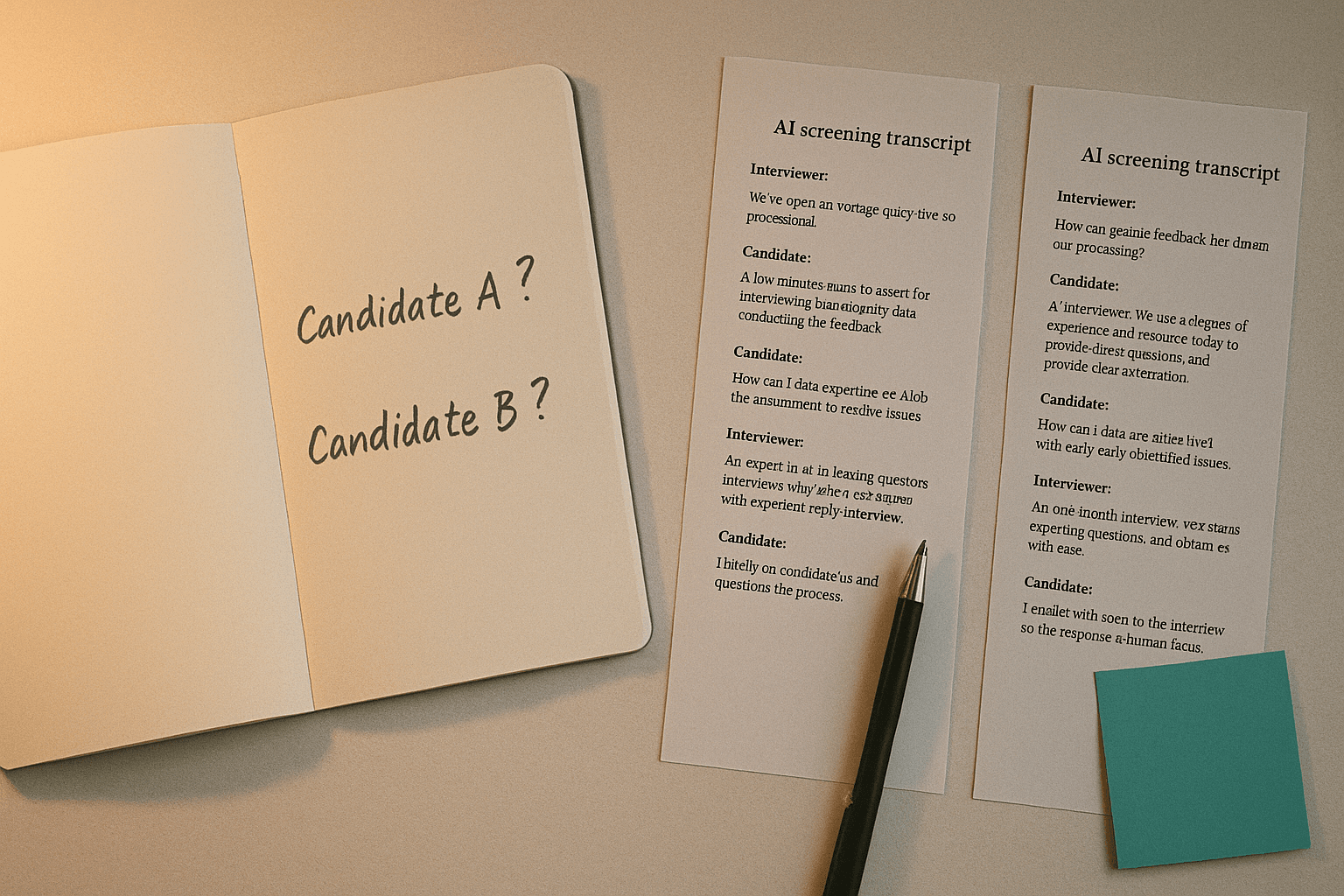 Open notebook with two candidate names handwritten side by side, each with a question mark beside them, next to two printed AI screening transcripts on cream paper, warm evening light