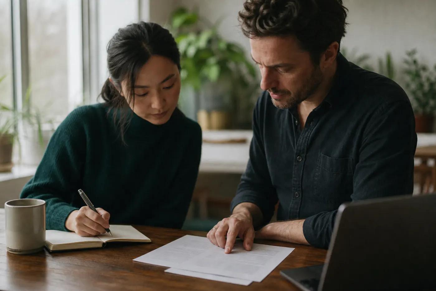 Two colleagues reading a printed candidate record together, one taking notes