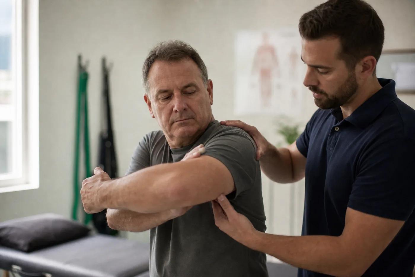 A physiotherapist guiding a patient through a shoulder exercise in a clinic room