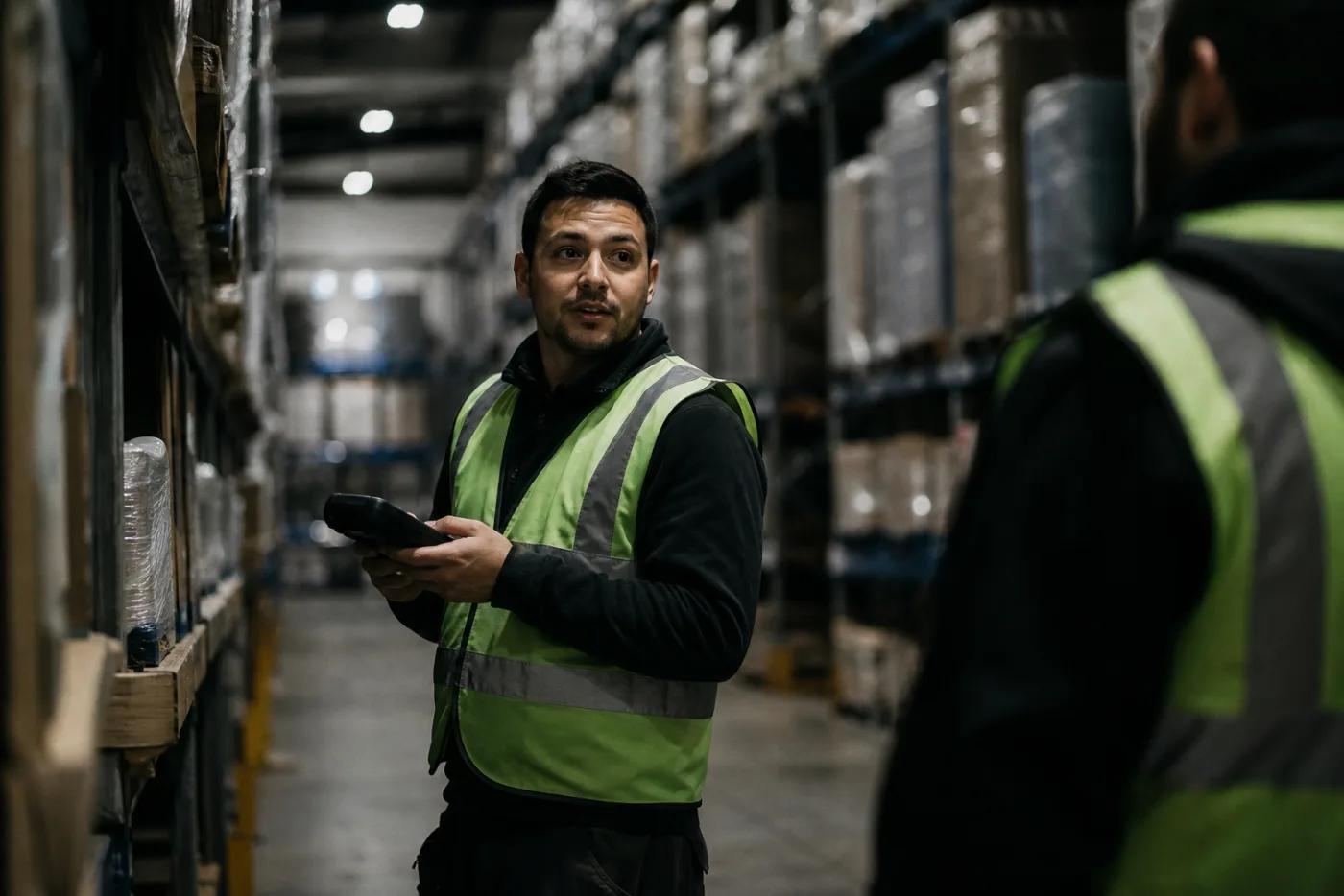 A warehouse worker in a hi-vis vest checking a handheld scanner between racking