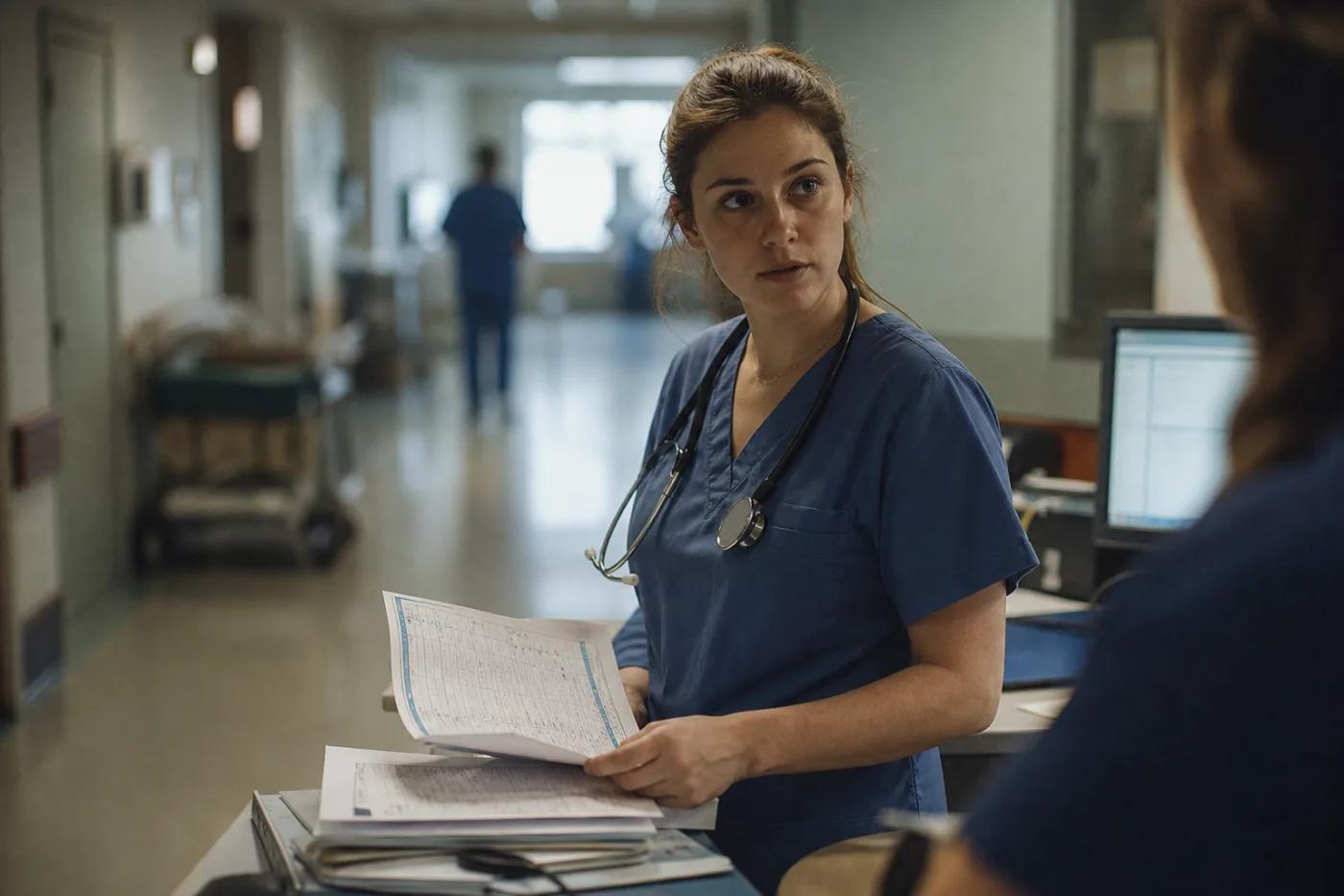 A nurse reviewing a chart at a ward station, mid-conversation with a colleague