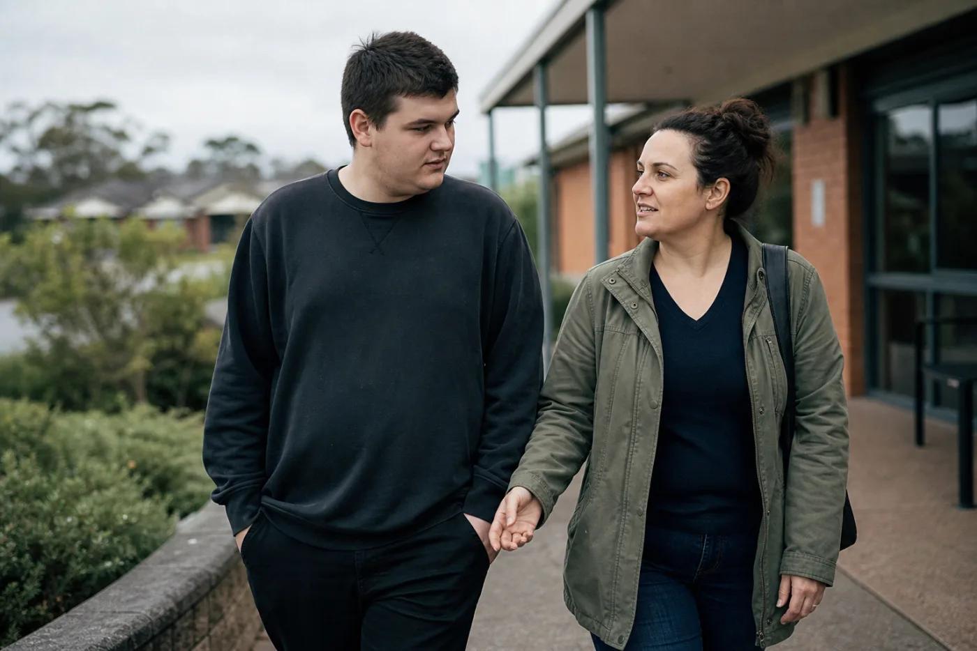 A disability support worker walking and talking with a young client outside a community centre