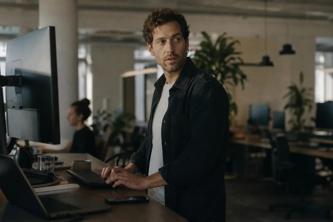 A recruiter at a standing desk in an open-plan office, turning to answer a colleague