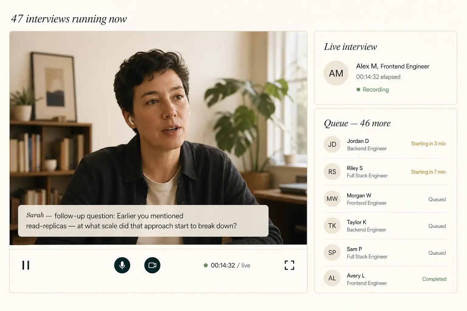 A Ployo AI video interview in progress: the candidate on camera, Sarah asking an adaptive follow-up, and the queue of interviews running alongside it