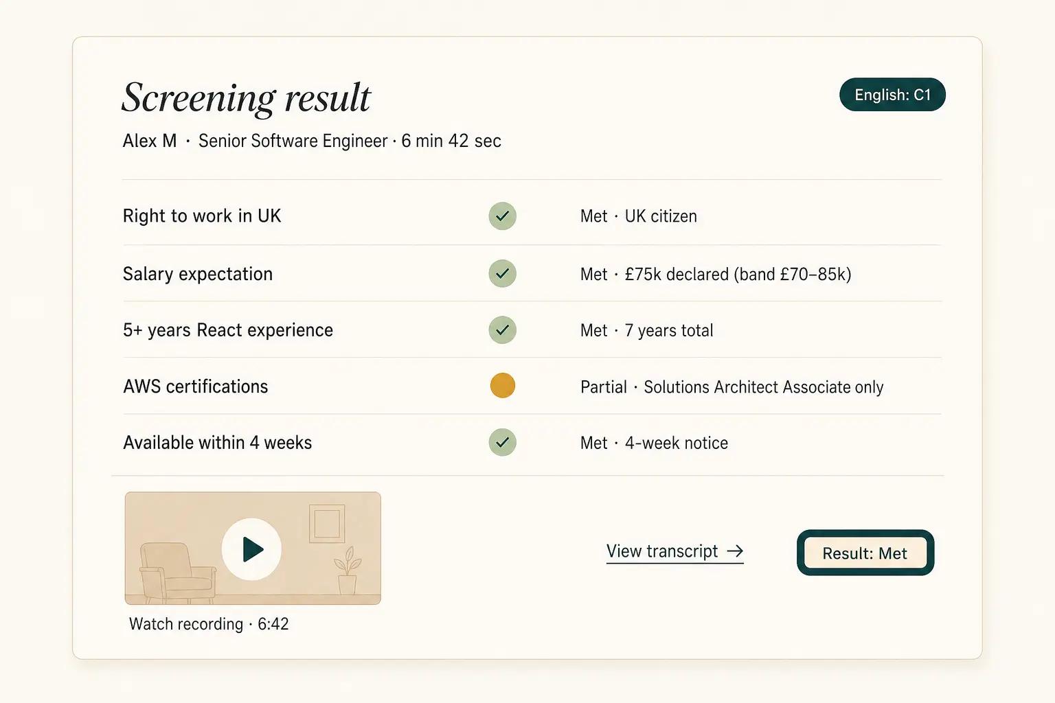 Adaptive AI video screening calls with every candidate you invite