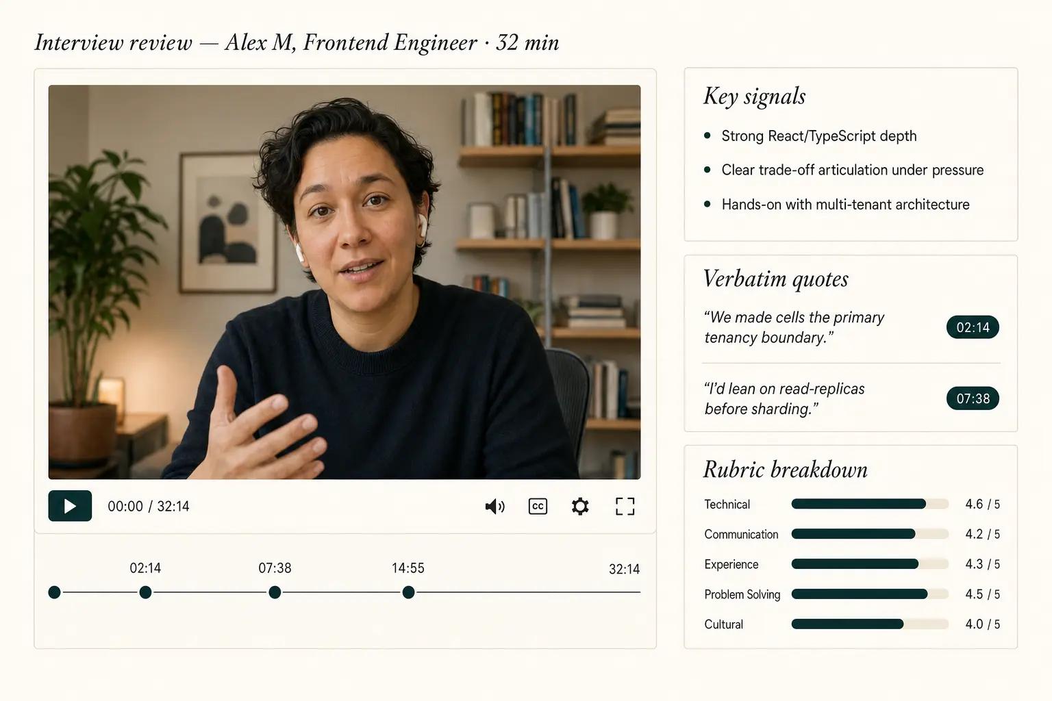 An interview review in Ployo: the recording, timestamped verbatim quotes, and the rubric breakdown beside it