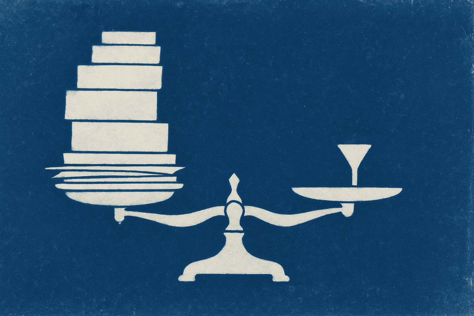 Cyanotype balance scale silhouette with one pan loaded with stacked papers and the other nearly empty, white silhouette on Prussian-blue archival background