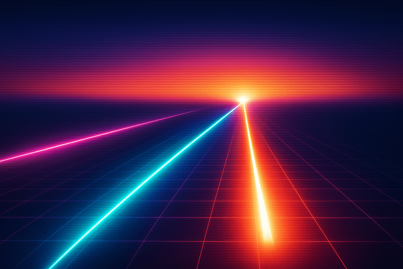 Two parallel neon racing lanes in a synthwave dusk landscape, one stretching long and fading into dark, one short and glowing bright at the horizon