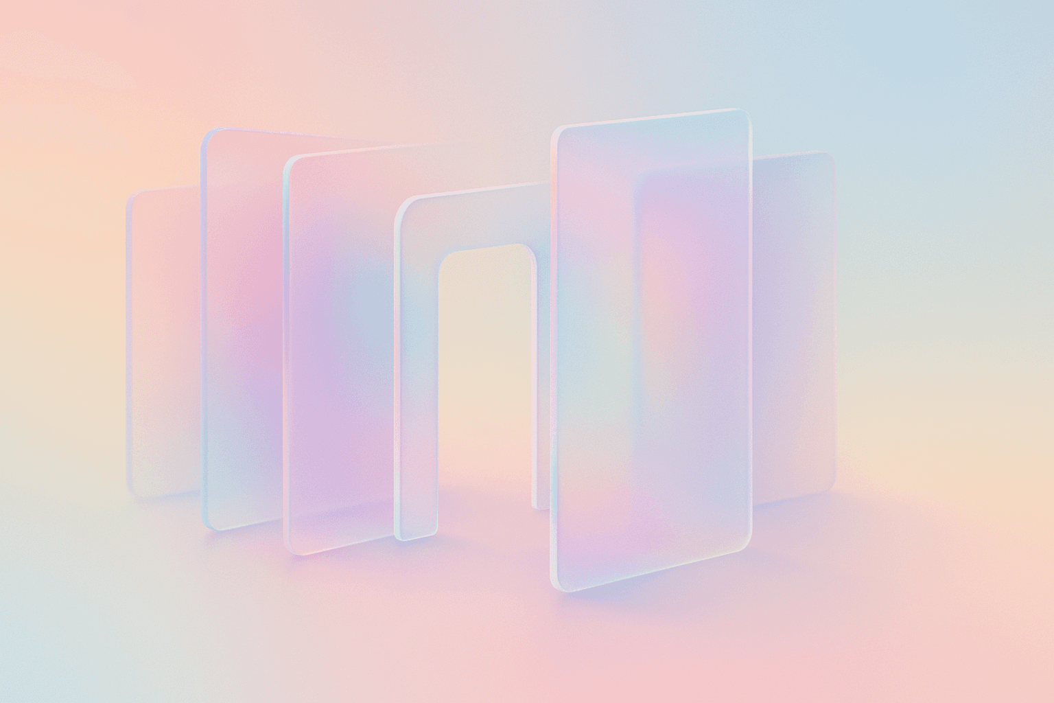 Frosted translucent glass panes in layers, middle panel empty and open like a gap, floating geometric forms in iridescent pastel suggesting stages of a journey with a clear break in the middle
