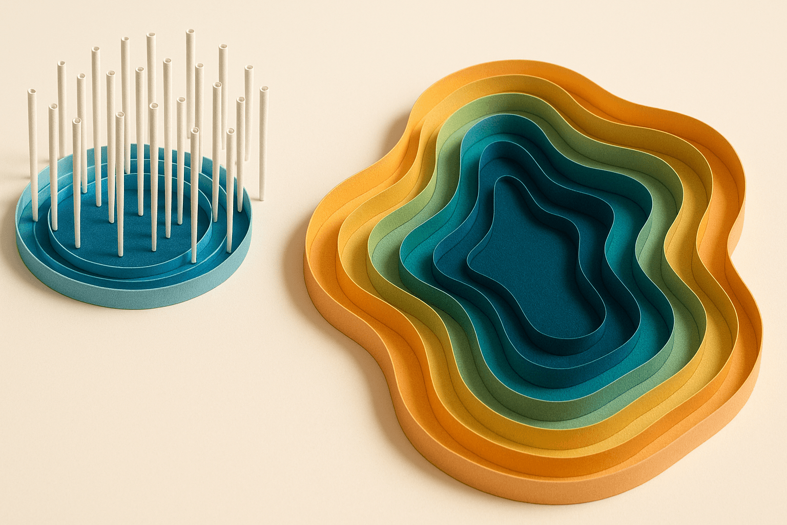 Two layered paper-craft pools side by side, one small and crowded with dozens of identical narrow rolled-paper fishing lines descending into a nearly empty space, the other wide and unexplored with folded paper waves in warm multicolour suggesting depth and abundance