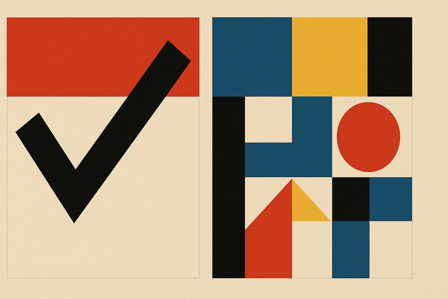 Bold geometric forms in primary red, yellow, and blue arranged asymmetrically, with a large check mark shape on the left and a grid of varied smaller shapes on the right, on a cream background