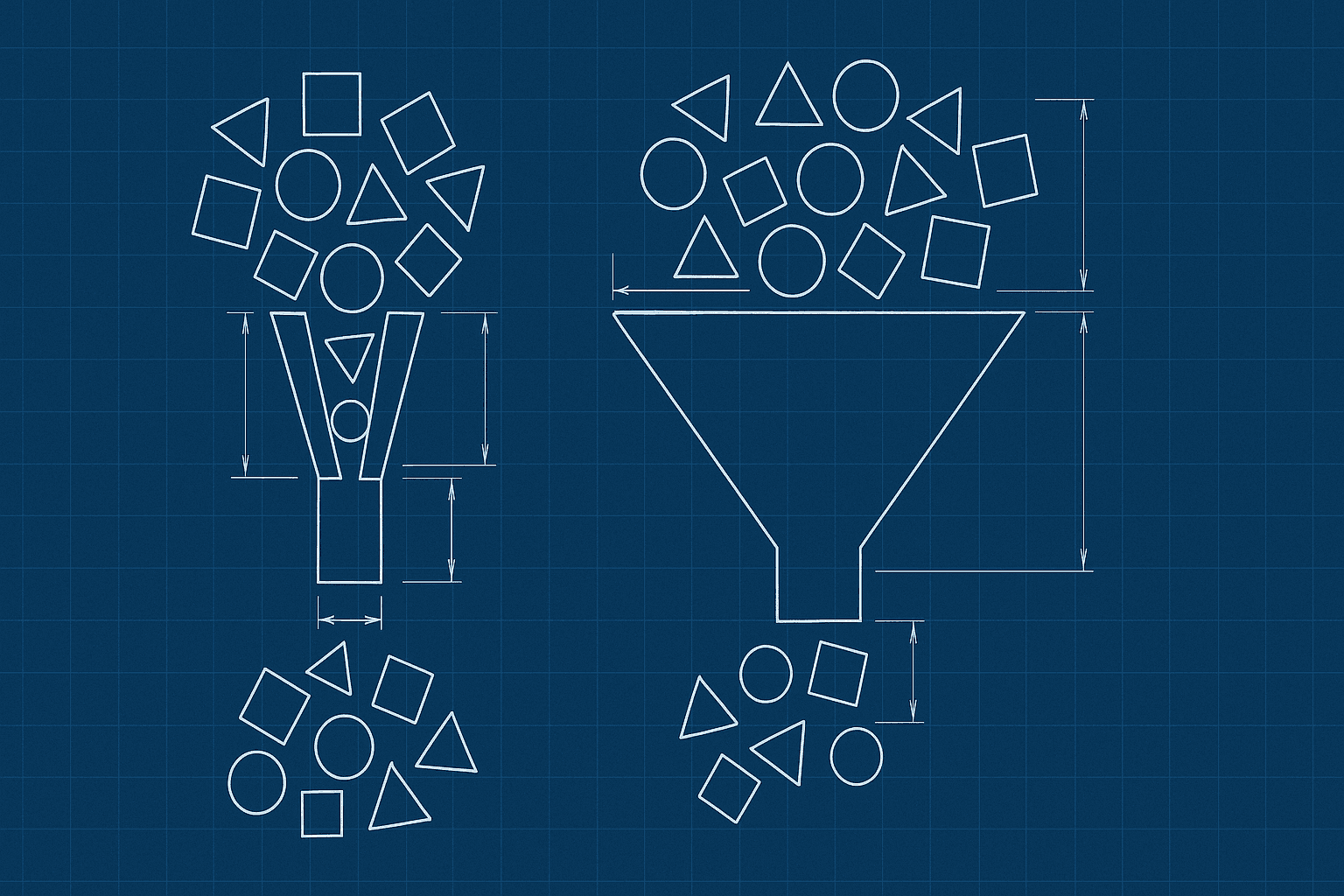 Blueprint diagram of a candidate funnel with a narrow experience filter gate beside a wider capability gate, geometric shapes passing through both, rendered in fine white and cyan line-work on deep blueprint-blue