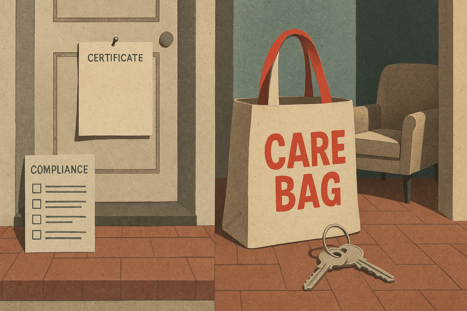 A cut-paper collage split between small neat compliance forms and a certificate on one side and a larger care bag, house keys, and an empty waiting armchair on the other, the two halves mismatched in scale
