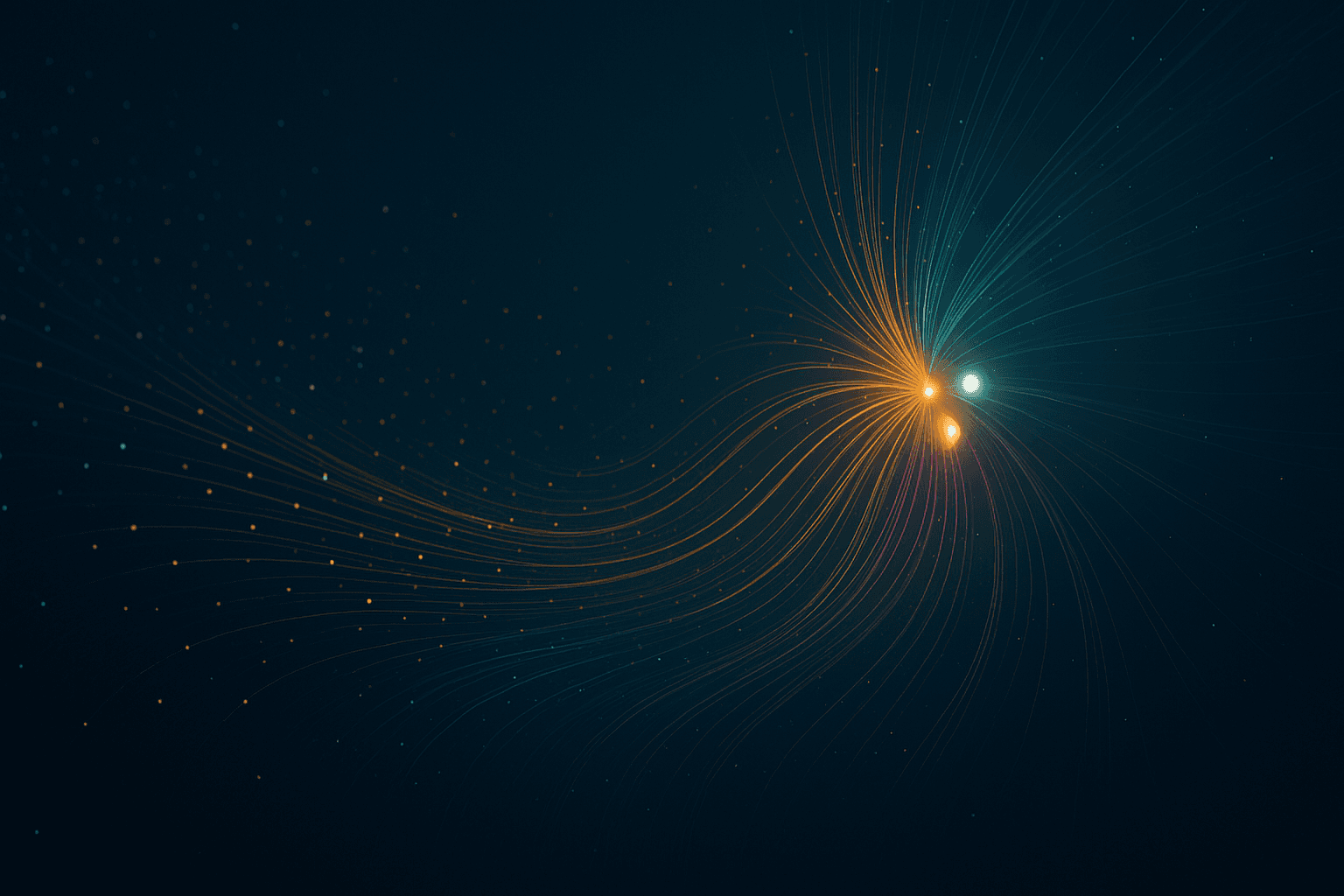 Abstract data visualisation showing many small nodes converging into a focused cluster of four bright points, rendered in deep navy with luminous teal and amber flow lines on a vast atmospheric ground