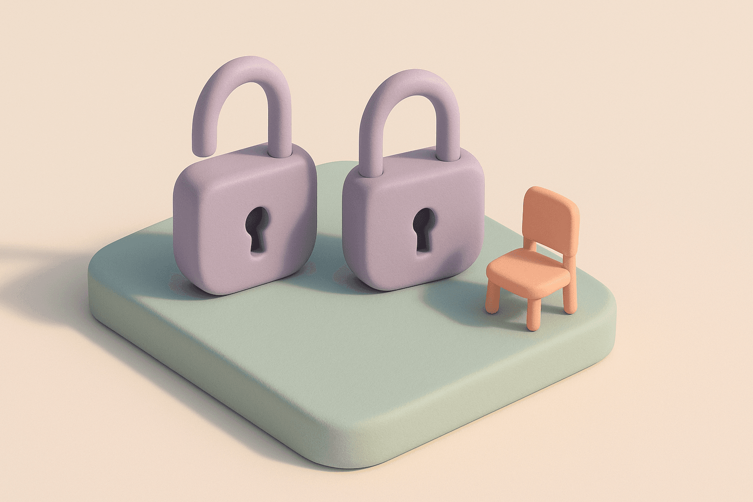 Isometric clay miniature diorama with two small rounded padlocks on a mint platform, one open and one closed, a tiny empty pastel peach chair beside them on a pale grey surface, soft ambient occlusion shadows