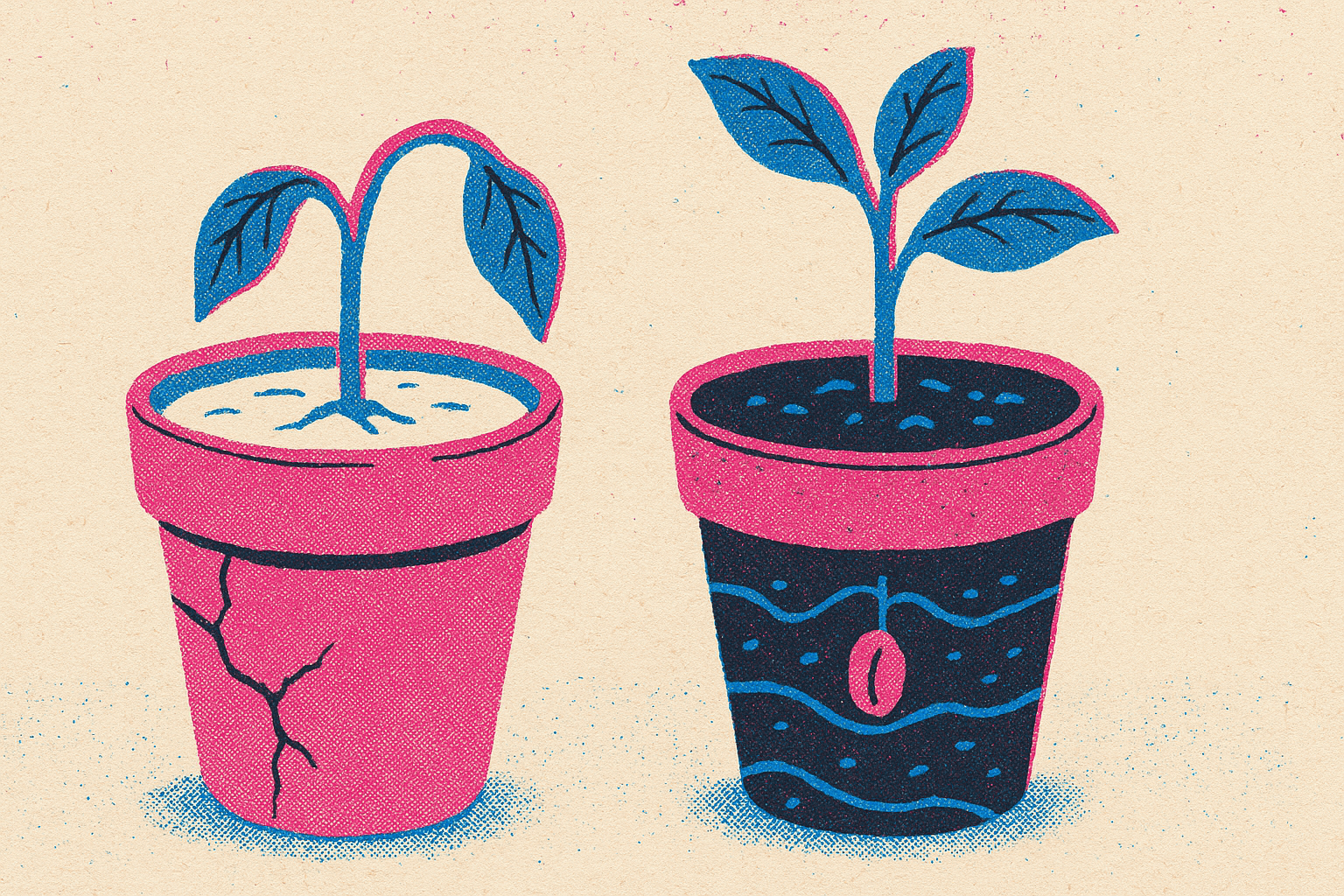 Risograph print of two identical seedlings side by side, one in a cracked dry clay pot with bare soil and one thriving in deep layered rich soil, halftone grain and slight misregistration on rough off-white paper